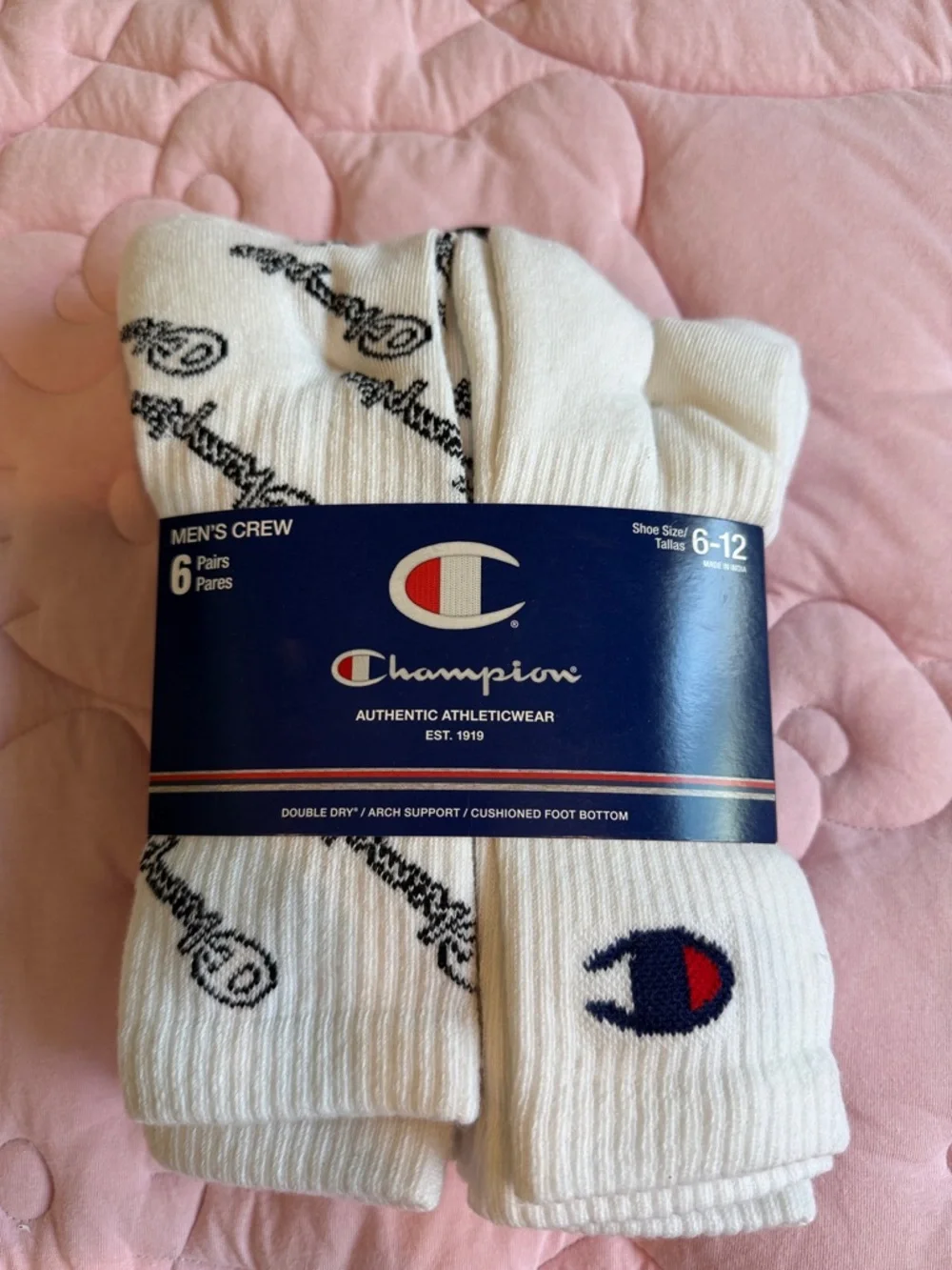 Champion Men’s White Crew Athletic Socks with Logo Accents - 6 Pack